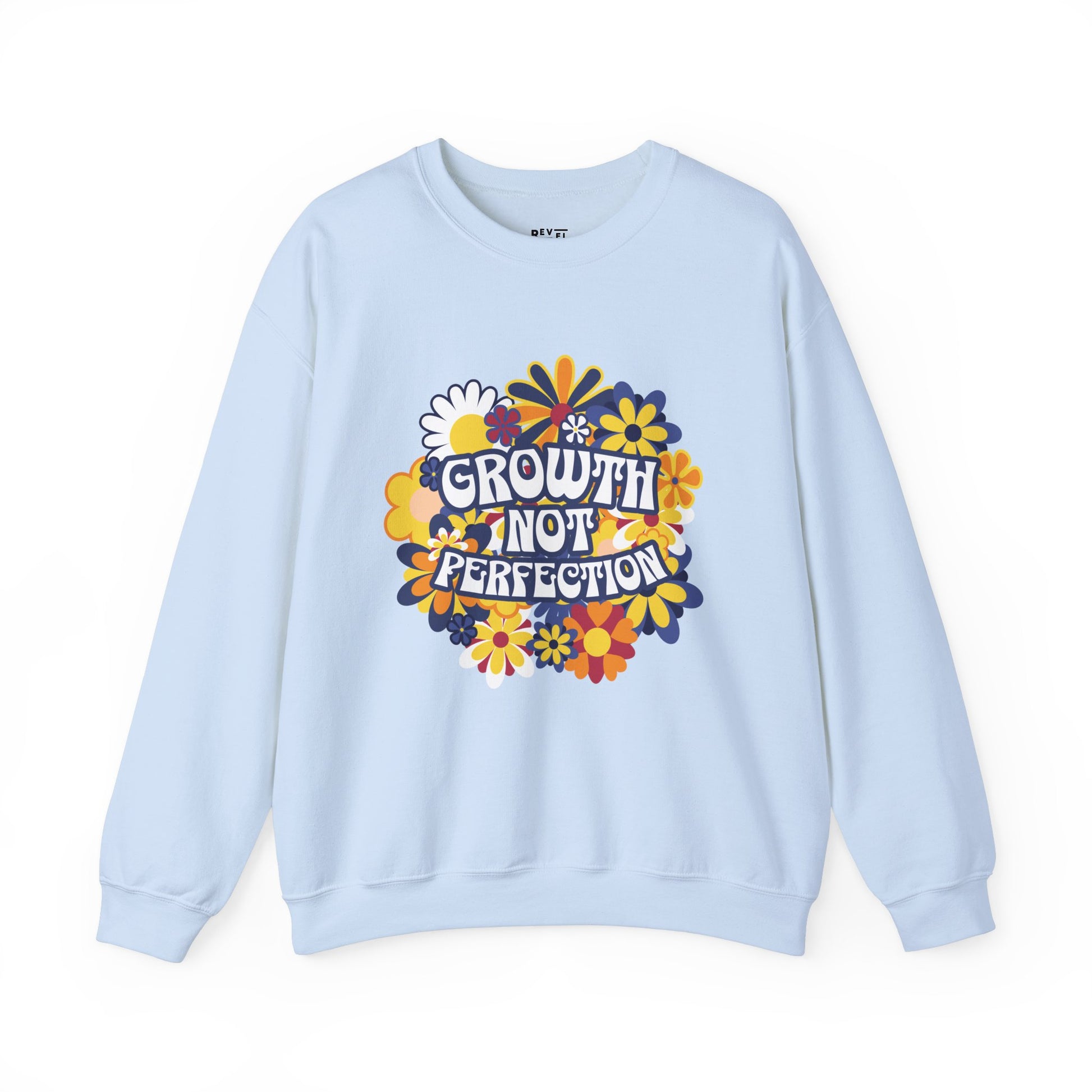 growth-not-perfection-woman-sweatshirt-closeup-blue