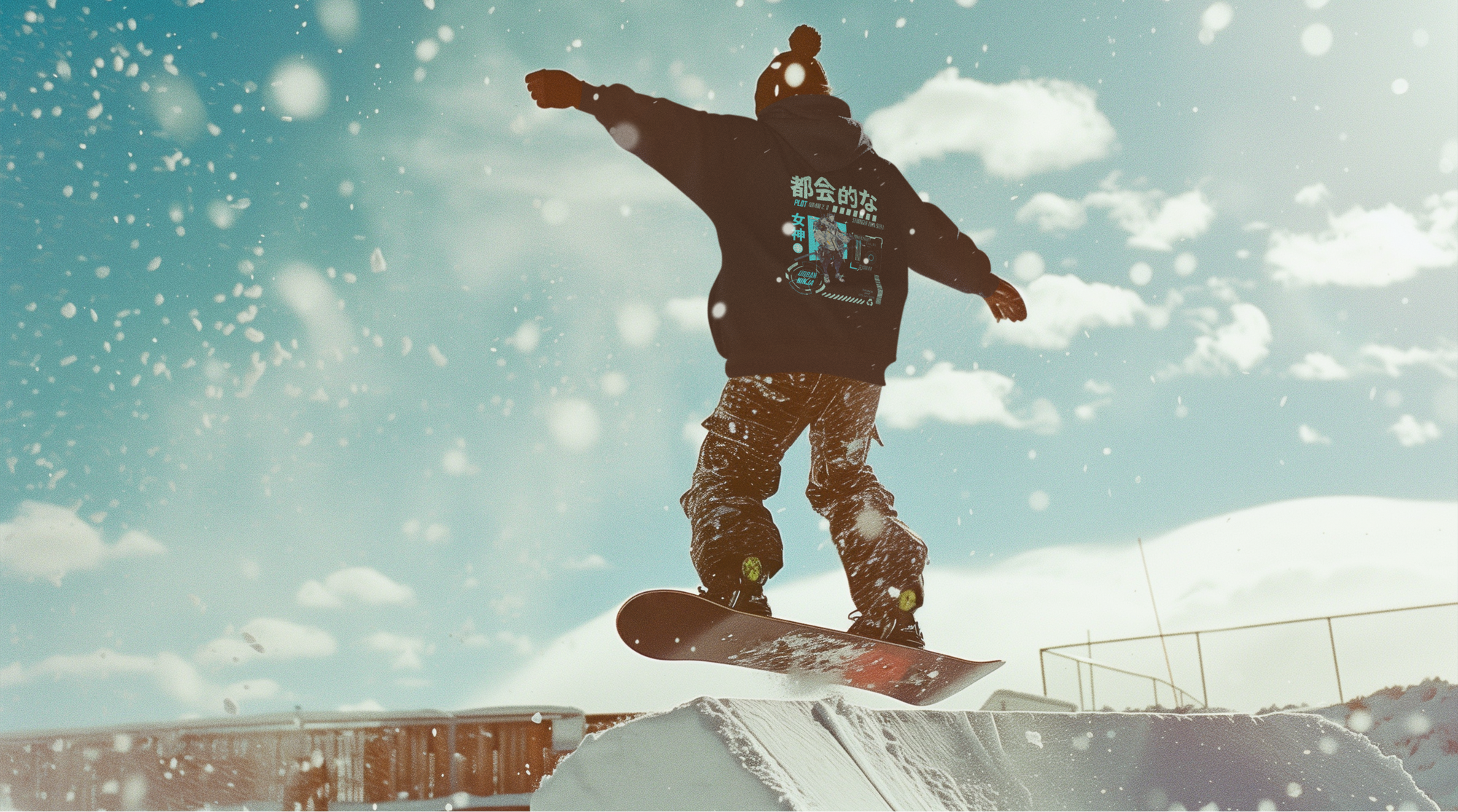 Person snowboarding on a rail with a snowy landscape and blue sky in the background