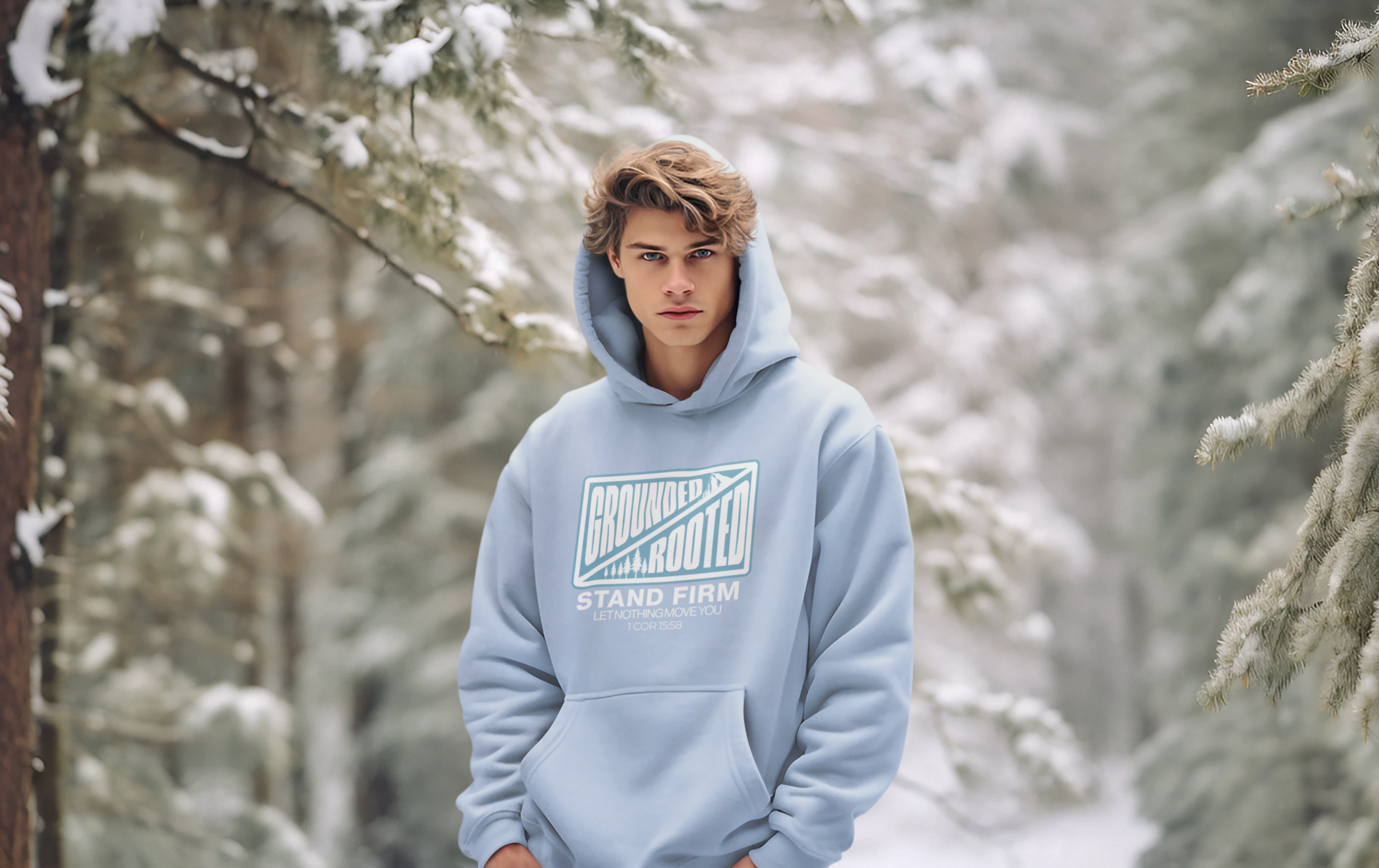 Person wearing a light blue hoodie with text in a snowy forest