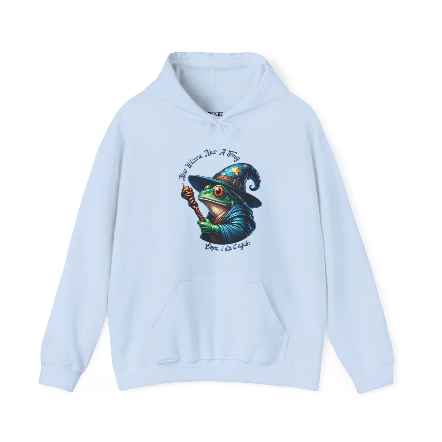 blue-hoodie-with-a-graphic-of-a-frog-in-a-witch-hat