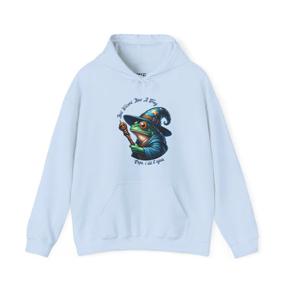 blue-hoodie-with-a-graphic-of-a-frog-in-a-witch-hat