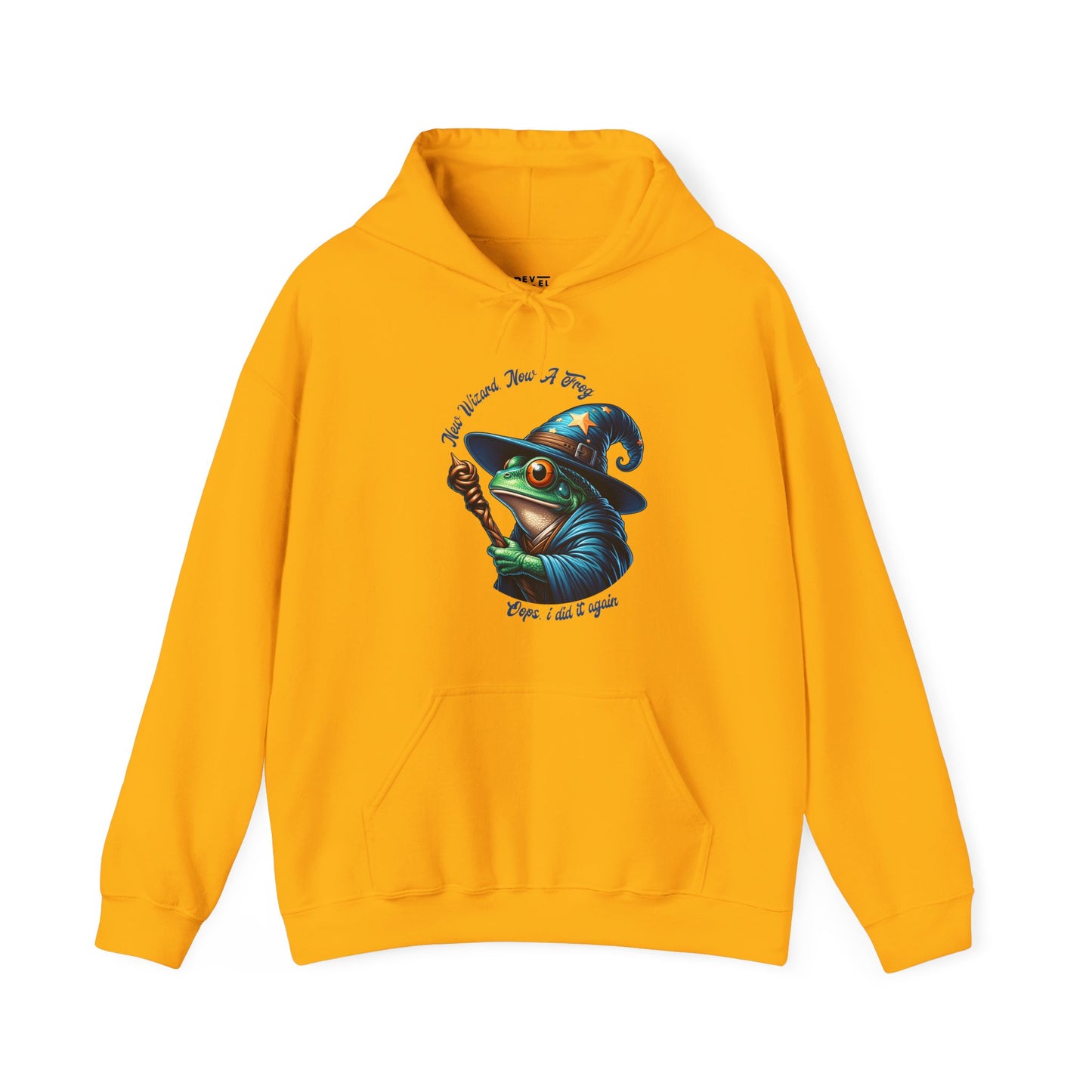 gold-hoodie-with-a-graphic-of-a-frog-in-a-witch-hat
