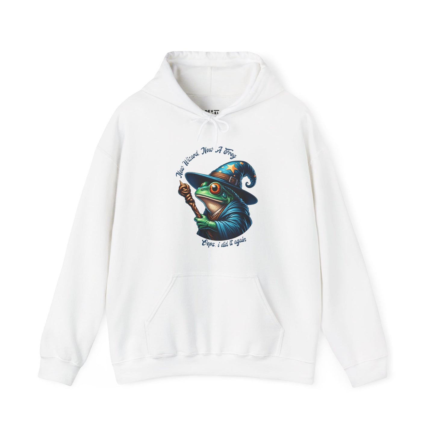 White-hoodie-with-a-graphic-of-a-frog-in-a-witch-hat