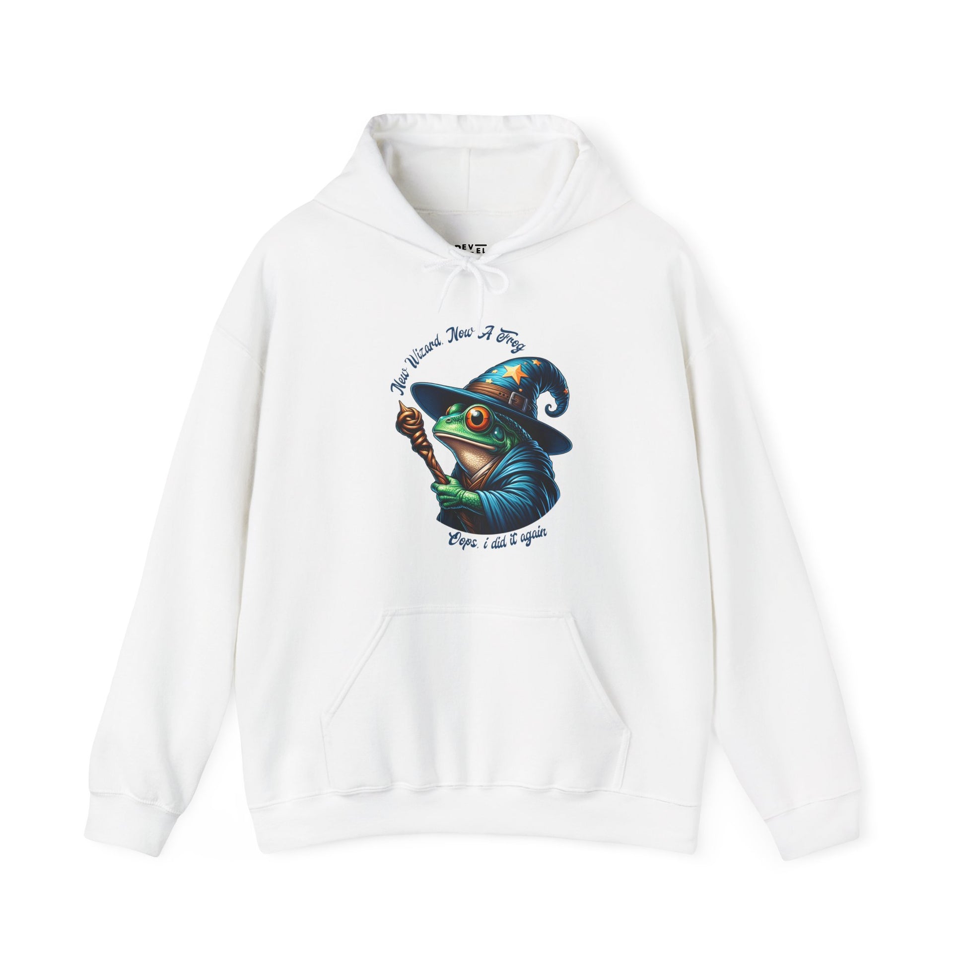 White-hoodie-with-a-graphic-of-a-frog-in-a-witch-hat