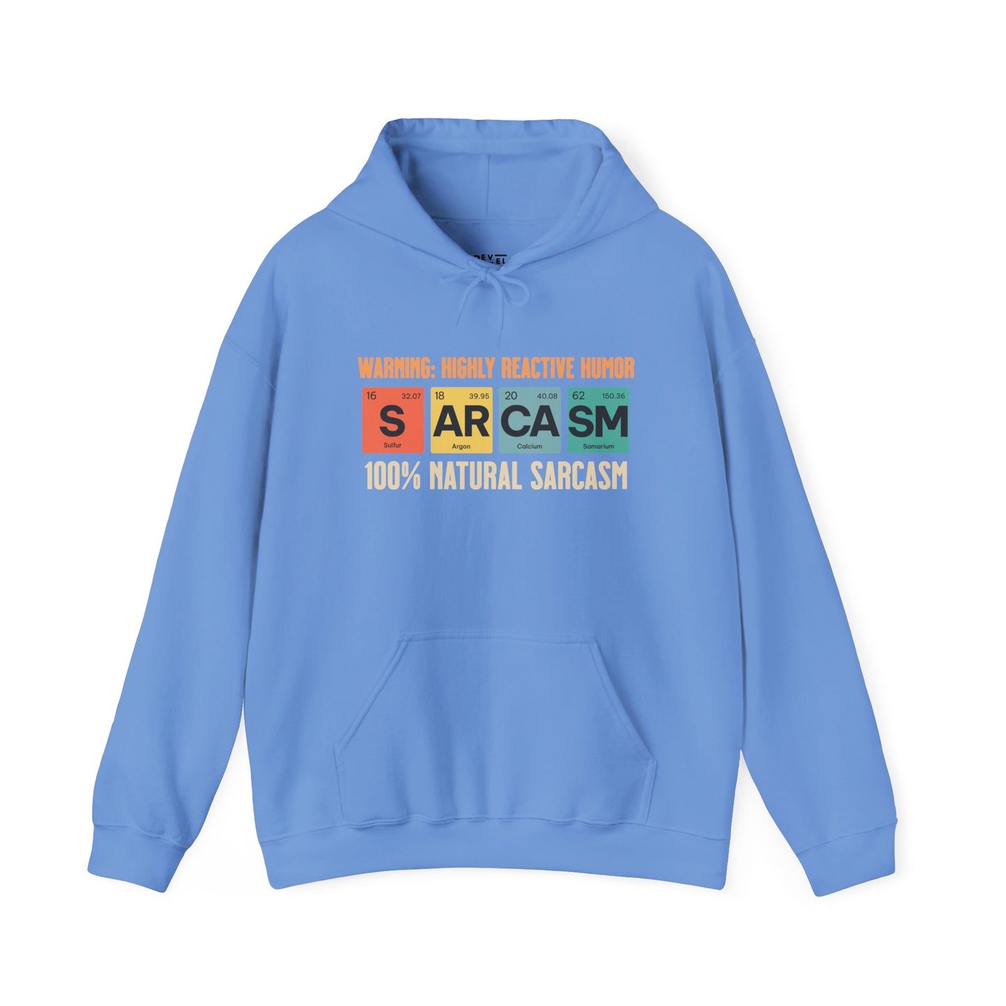 blue-hoodie-showing-graphic-design-of-elements-from-periodic-table-spells-sarcasm