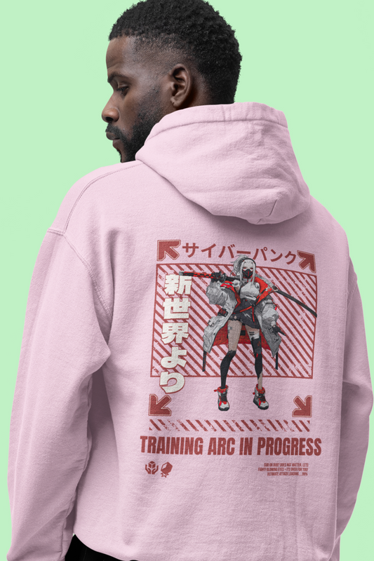 japanese-anime-mens-graphic-hoodie-training-arc-back-view-light-pink