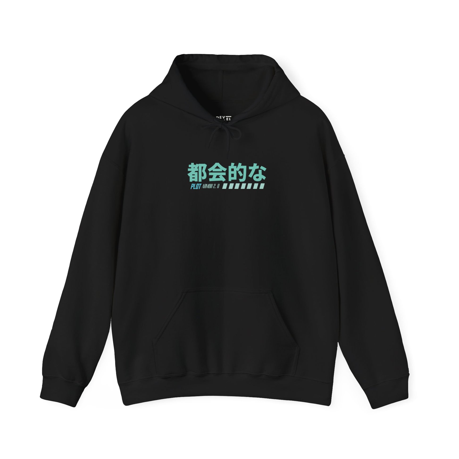 japanese-anime-plot-armor-mens-hoodie-front-closeup-black