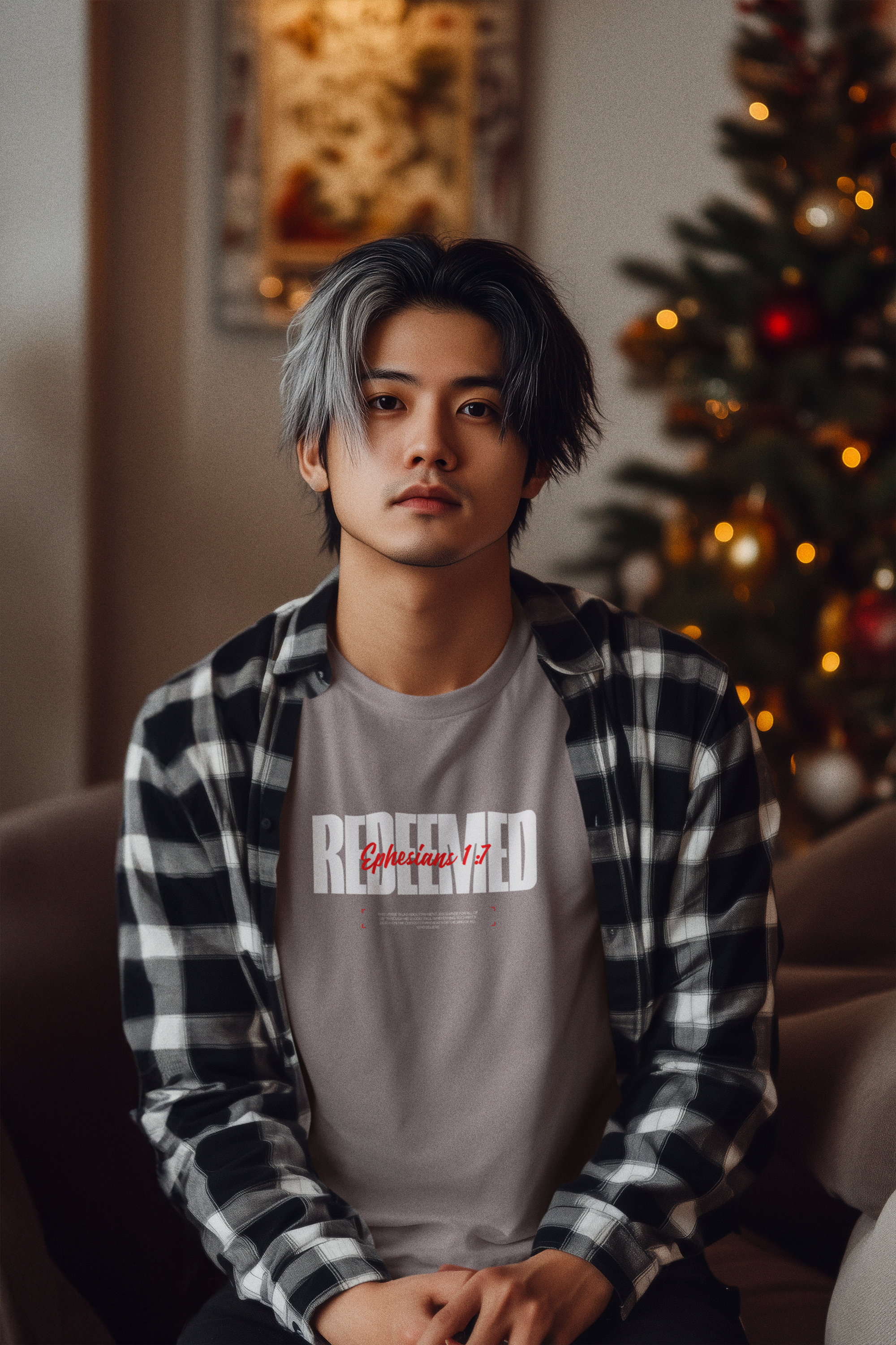 Person wearing a checkered shirt over a gray t-shirt with text, sitting in a room with a Christmas tree.