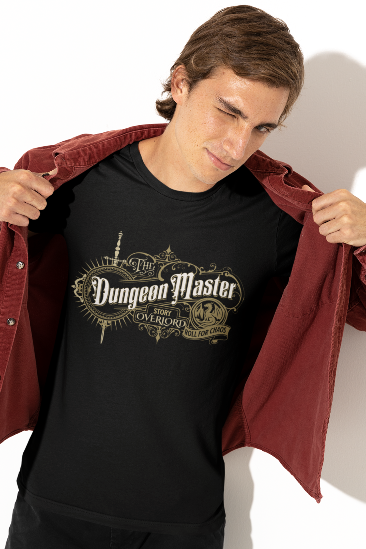 Person-wearing-a-t-shirt-with-Dungeon-Master-design-color-black