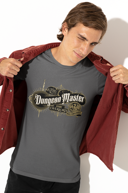Person-wearing-a-t-shirt-with-Dungeon-Master-design-color-gray