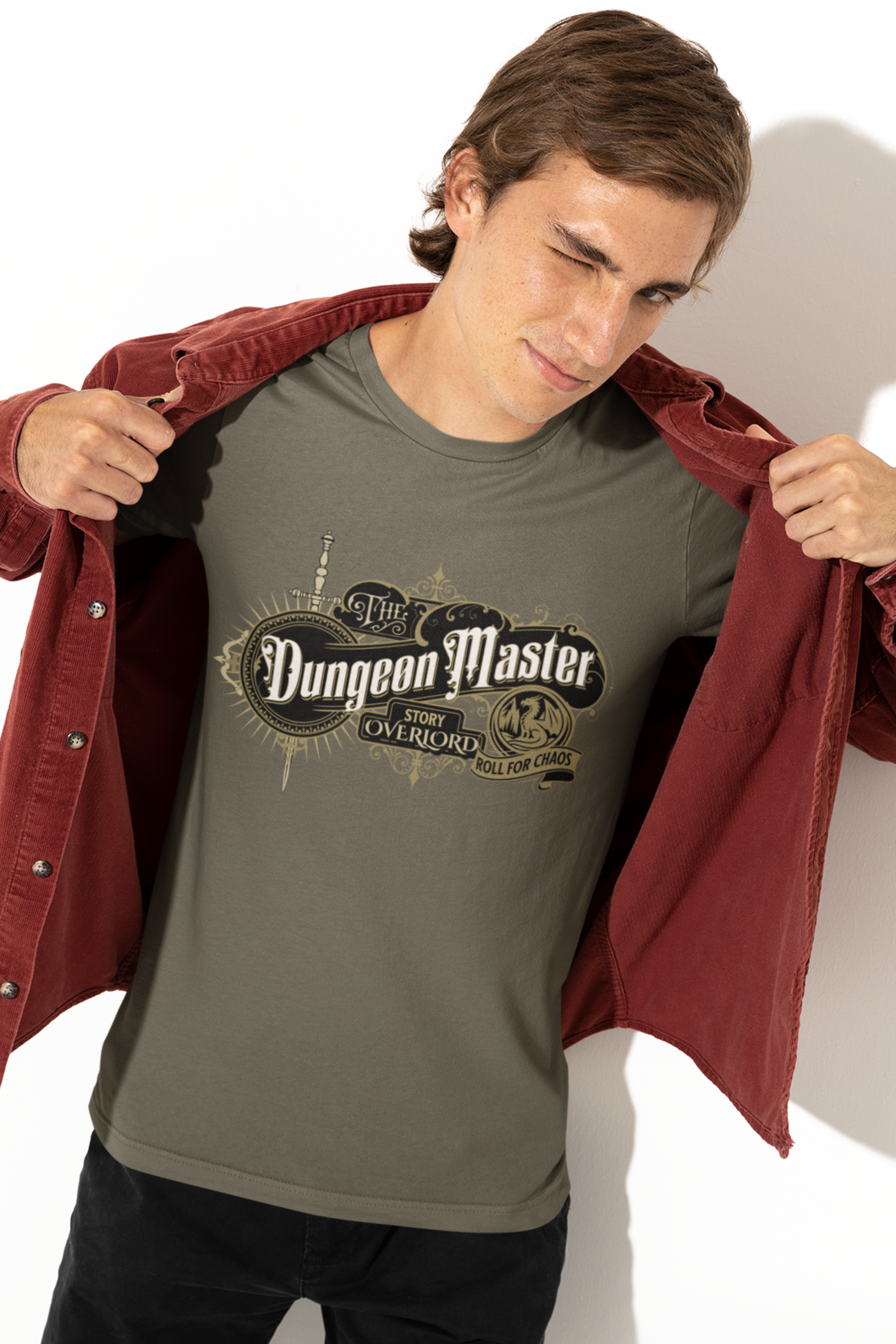 Person-wearing-a-t-shirt-with-Dungeon-Master-design-color-green