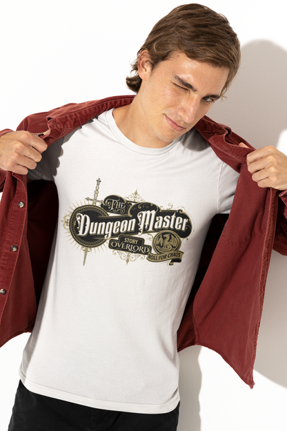 Person-wearing-a-t-shirt-with-Dungeon-Master-design-color-white