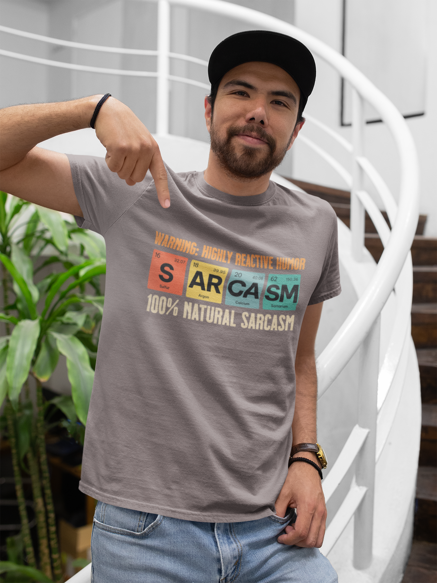 man-wearing-elements-of-sarcasm-funny-t-shirt-color-brown