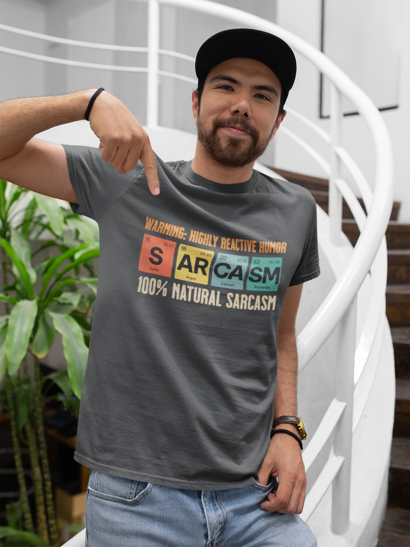 man-wearing-elements-of-sarcasm-funny-t-shirt-color-gray