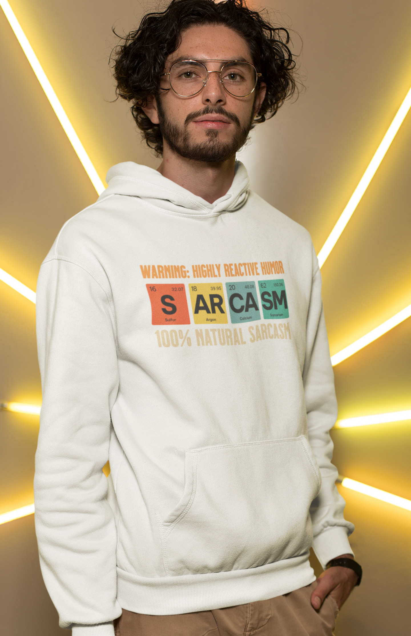 man-wearing-white-hoodie-showing-graphic-design-of-elements-from-periodic-table-spells-sarcasm