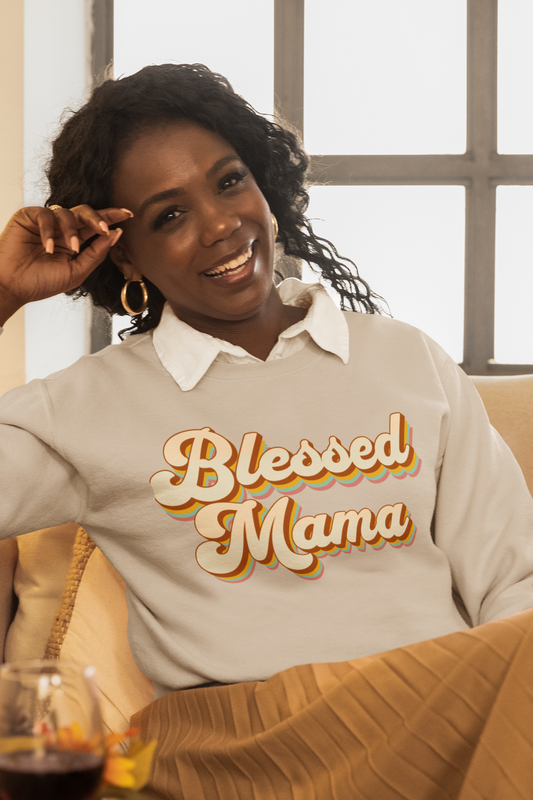 mom-wearing-blessed-mama-sweatshirt-sand