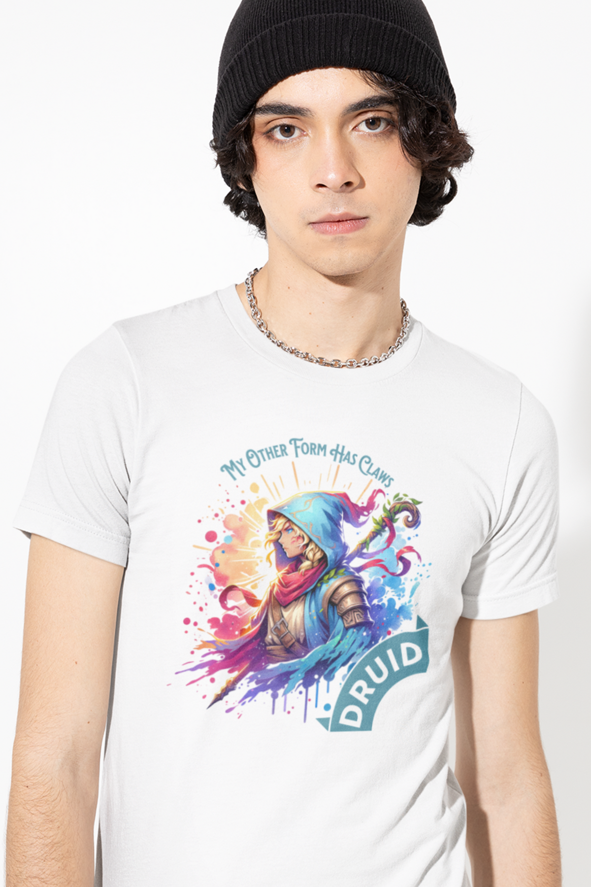 Person-wearing-t-shirt-druid-class-rpg-color-white
