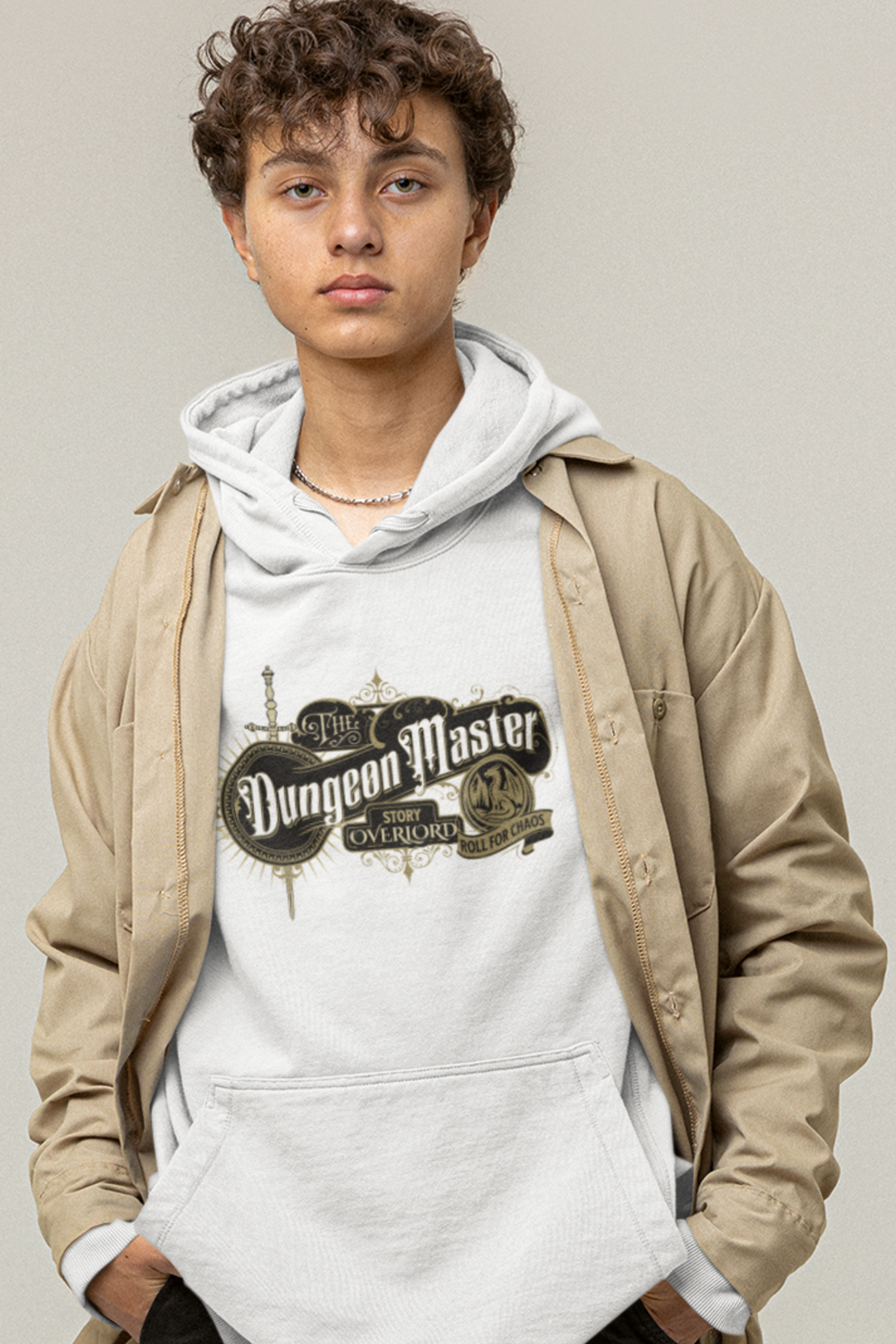 Person-wearing-a-hoodie-with-Dungeon-Master-graphic-design