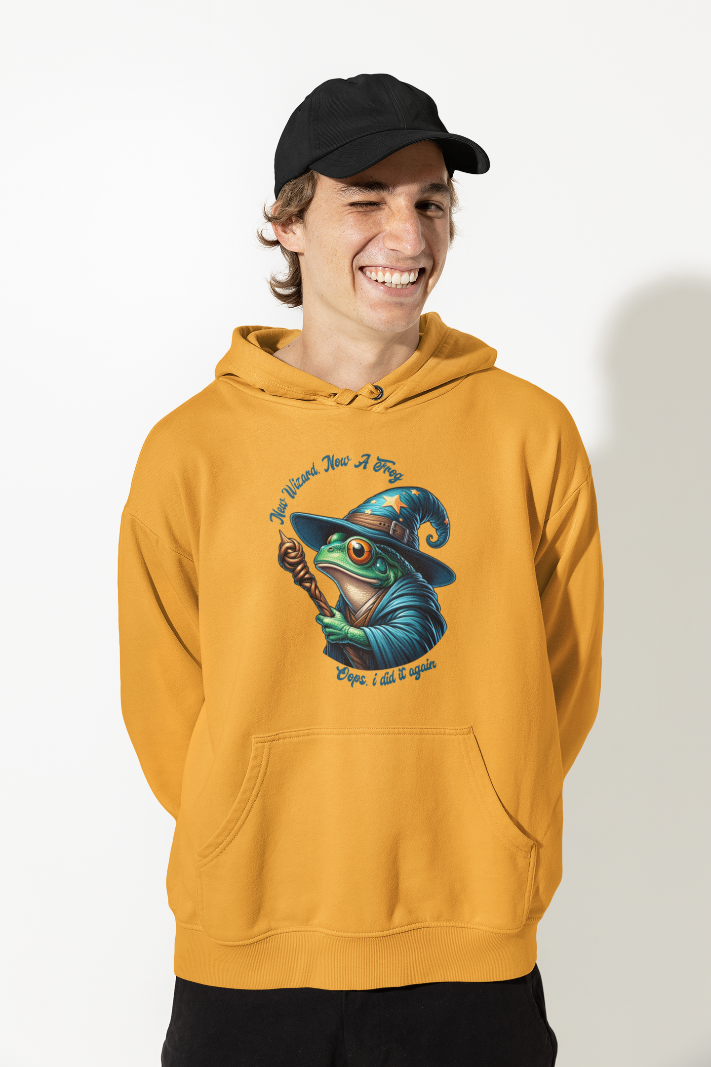 Person-wearing-a-hoodie-with-a-frog-with-wizard-hat-graphic-design-color-gold