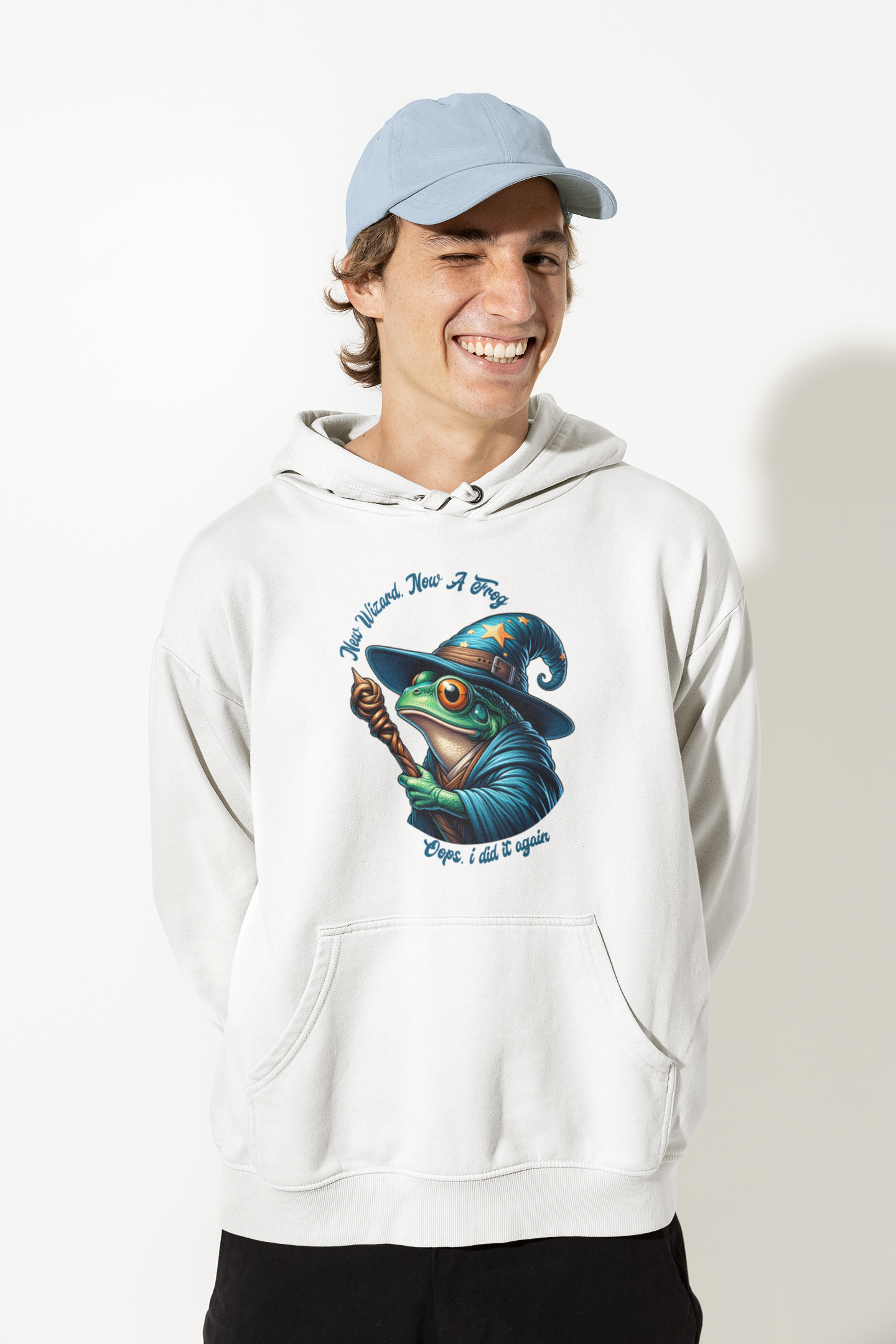 Person-wearing-a-hoodie-with-a-frog-with-wizard-hat-graphic-design-color-white