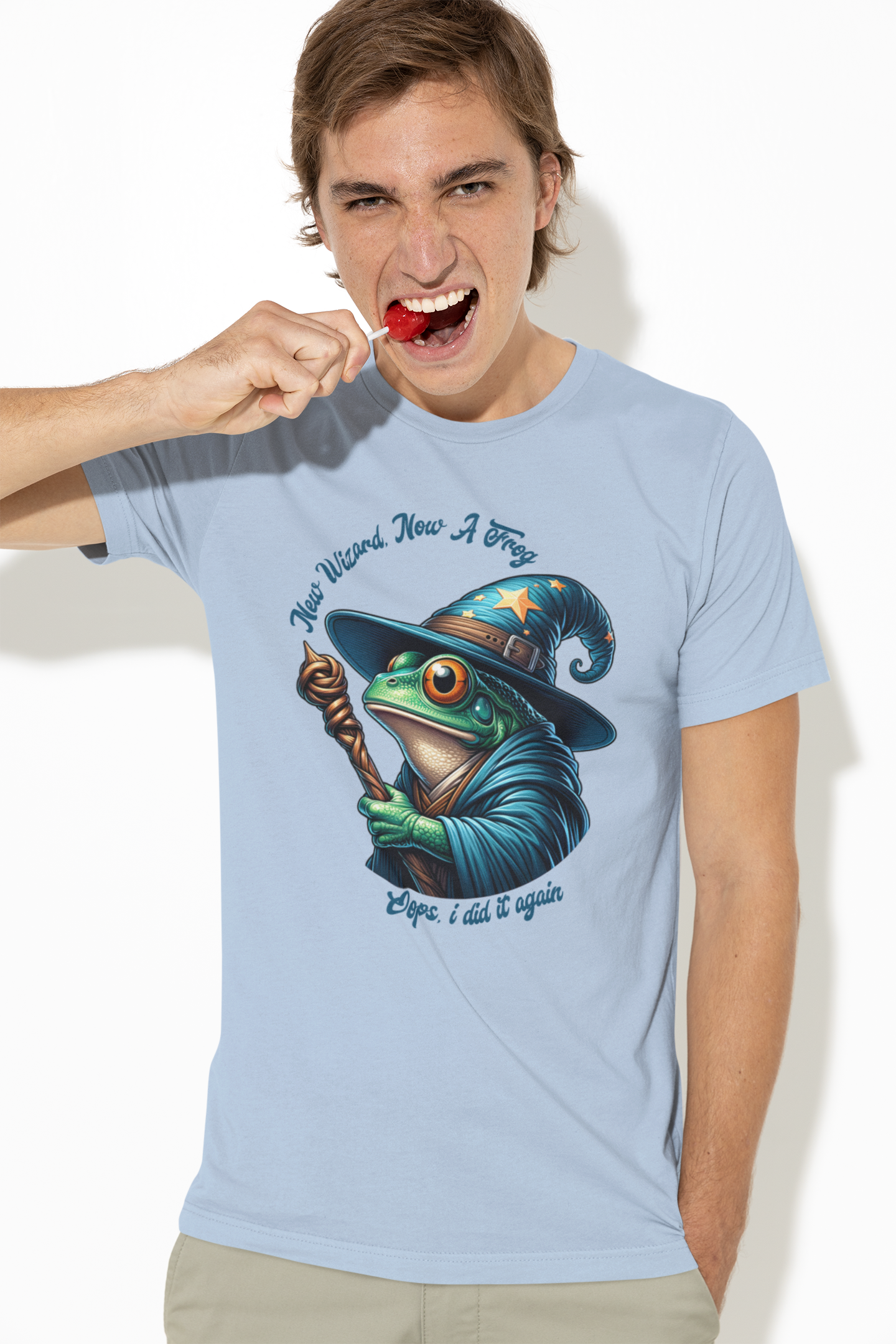Person-wearing-a-blue-t-shirt-with-a-graphic-of-a-frog-in-a-wizard-hat-and-holding-a-cane.