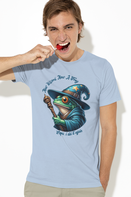 Person-wearing-a-blue-t-shirt-with-a-graphic-of-a-frog-in-a-wizard-hat-and-holding-a-cane.