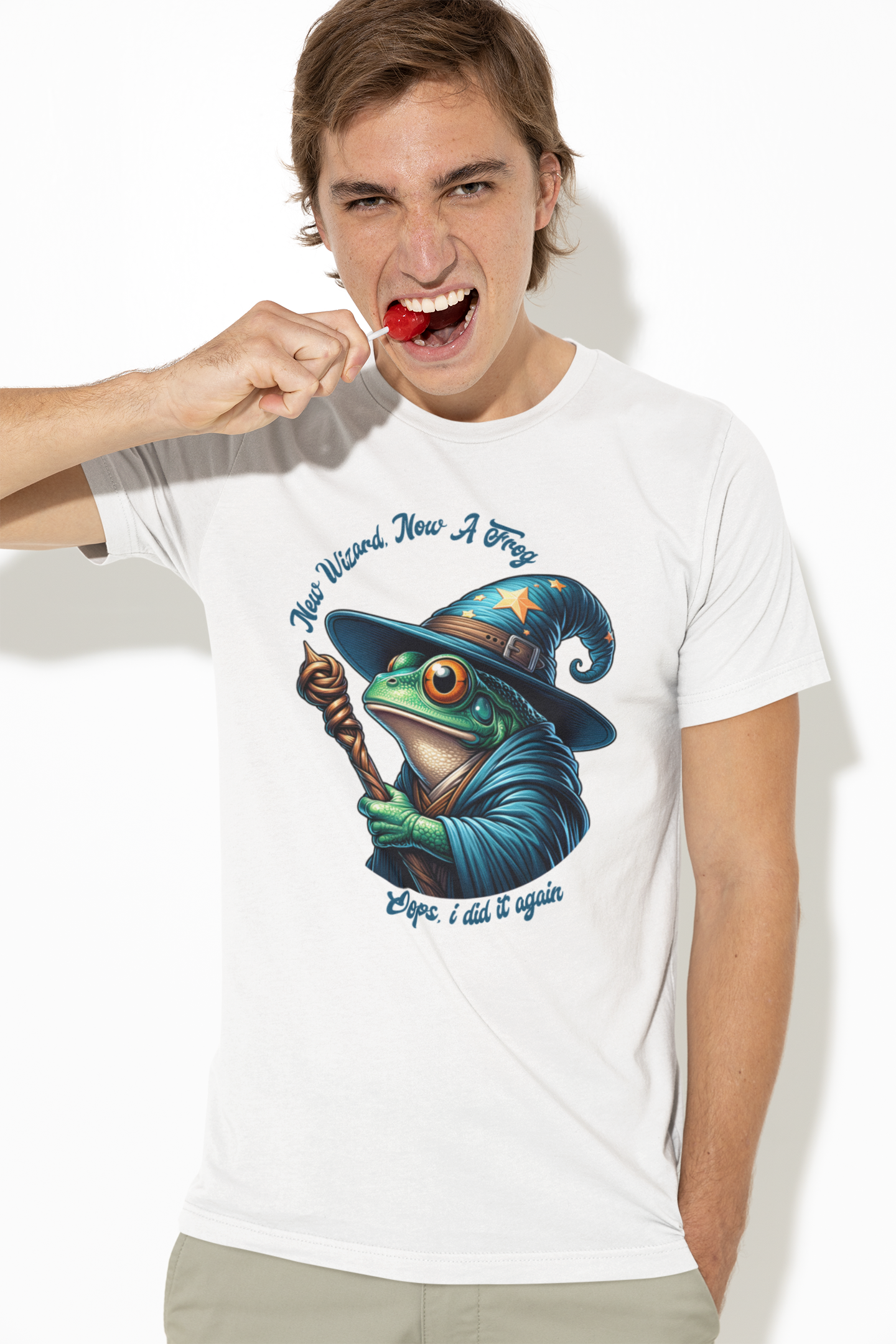 Person-wearing-a-white-t-shirt-with-a-graphic-of-a-frog-in-a-wizard-hat-and-holding-a-cane.