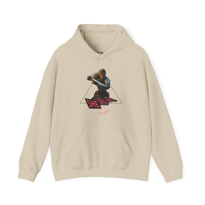 White-hoodie-with-female-paladin-graphic-design-color-sand
