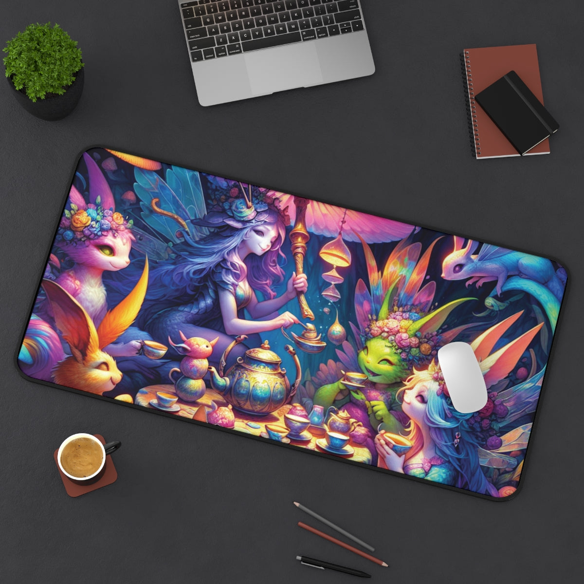 Colorful fairy-themed mouse pad on a desk with laptop, phone, and coffee cup.