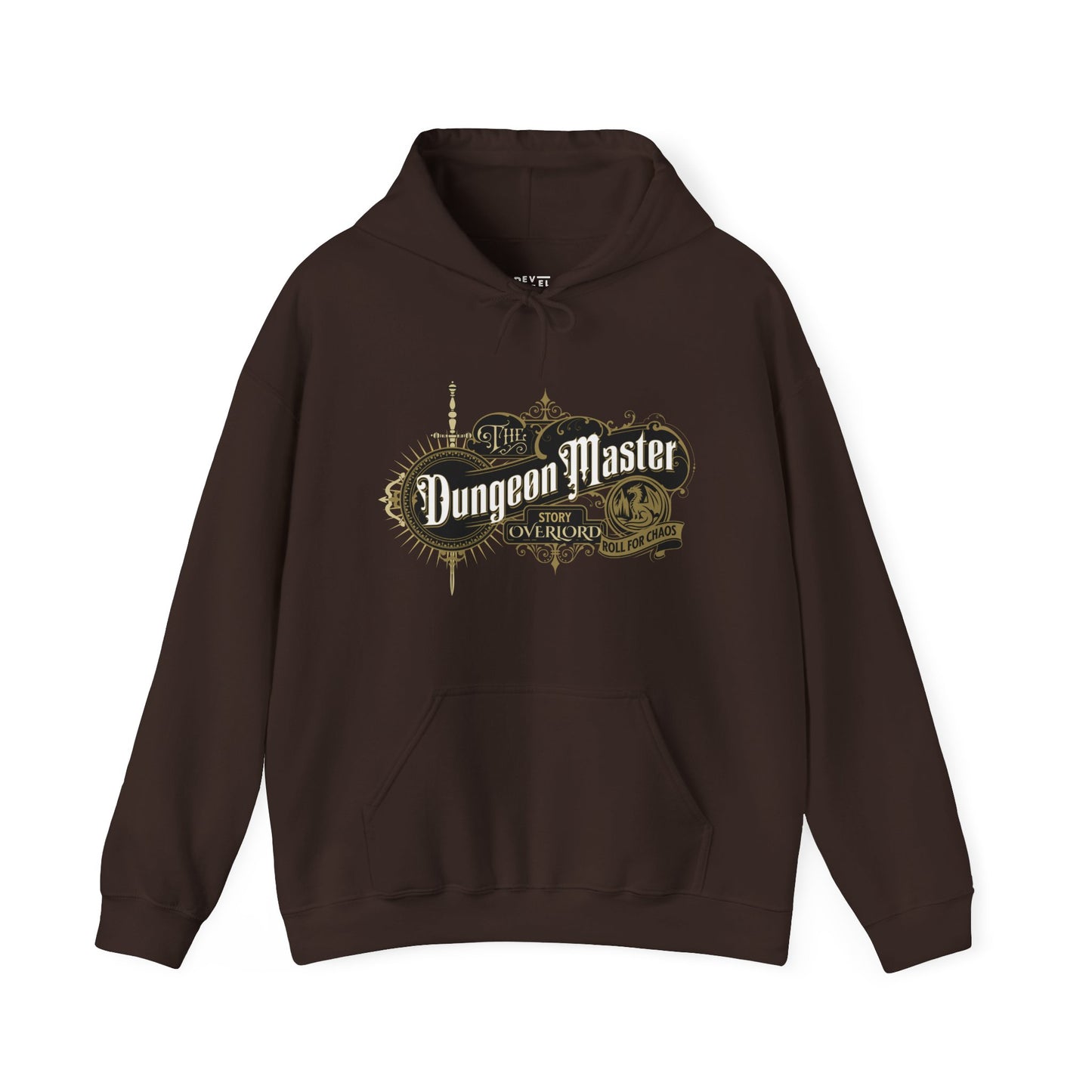 White-hoodie-with-Dungeon-Master-logo-on-a-brown