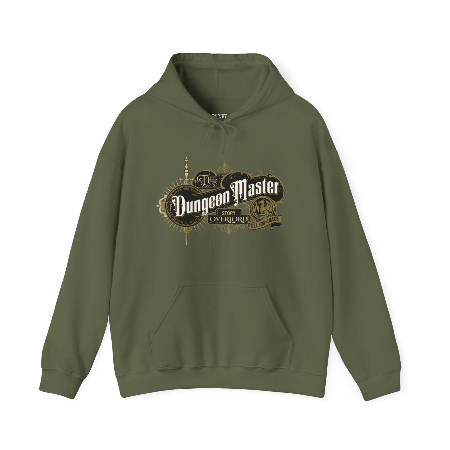 White-hoodie-with-Dungeon-Master-logo-on-a-green