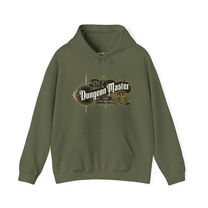White-hoodie-with-Dungeon-Master-logo-on-a-green