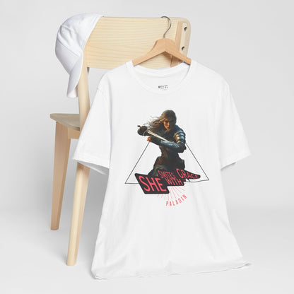 White-t-shirt-with-female-paladin-graphic-design