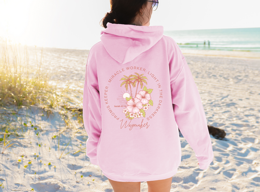 woman-in-beach-back-of-waymaker-hoodie-light-pink