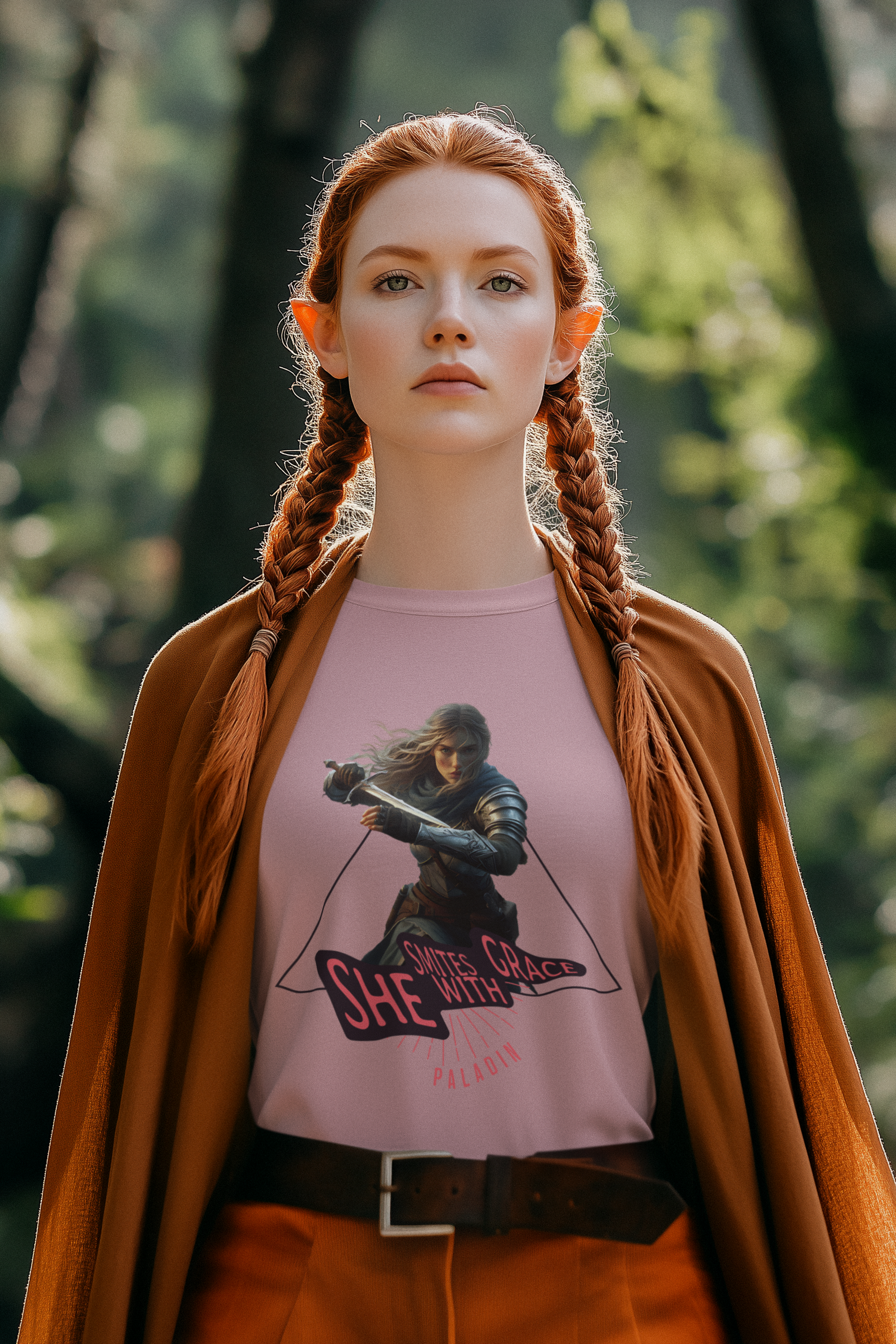 Person-wearing-a-t-shirt-with-a-graphic-design-of-a-female-paladin-and-it-says-she-smites-with-grace- color-orchid