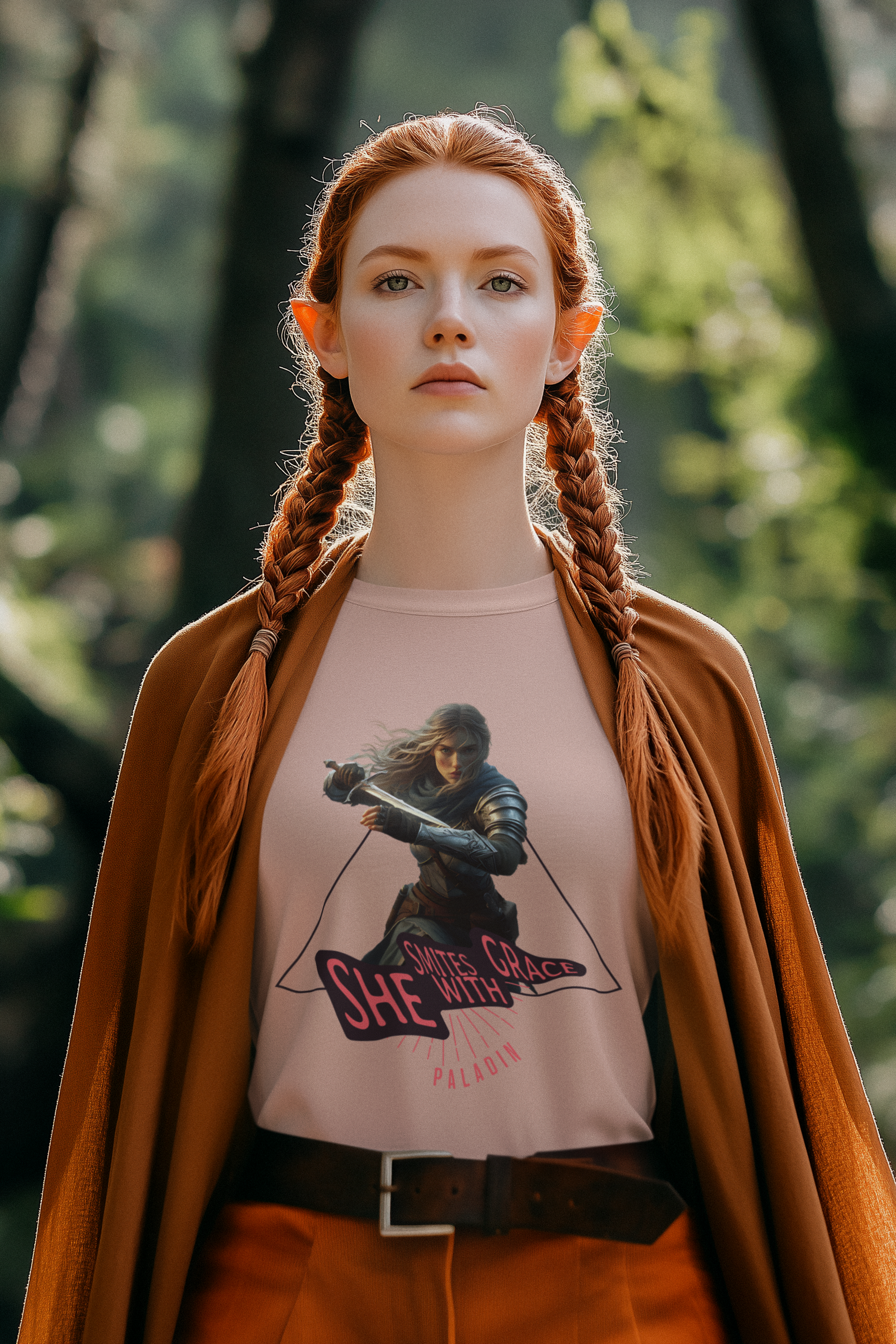 Person-wearing-a-t-shirt-with-a-graphic-design-of-a-female-paladin-and-it-says-she-smites-with-grace- color-peach