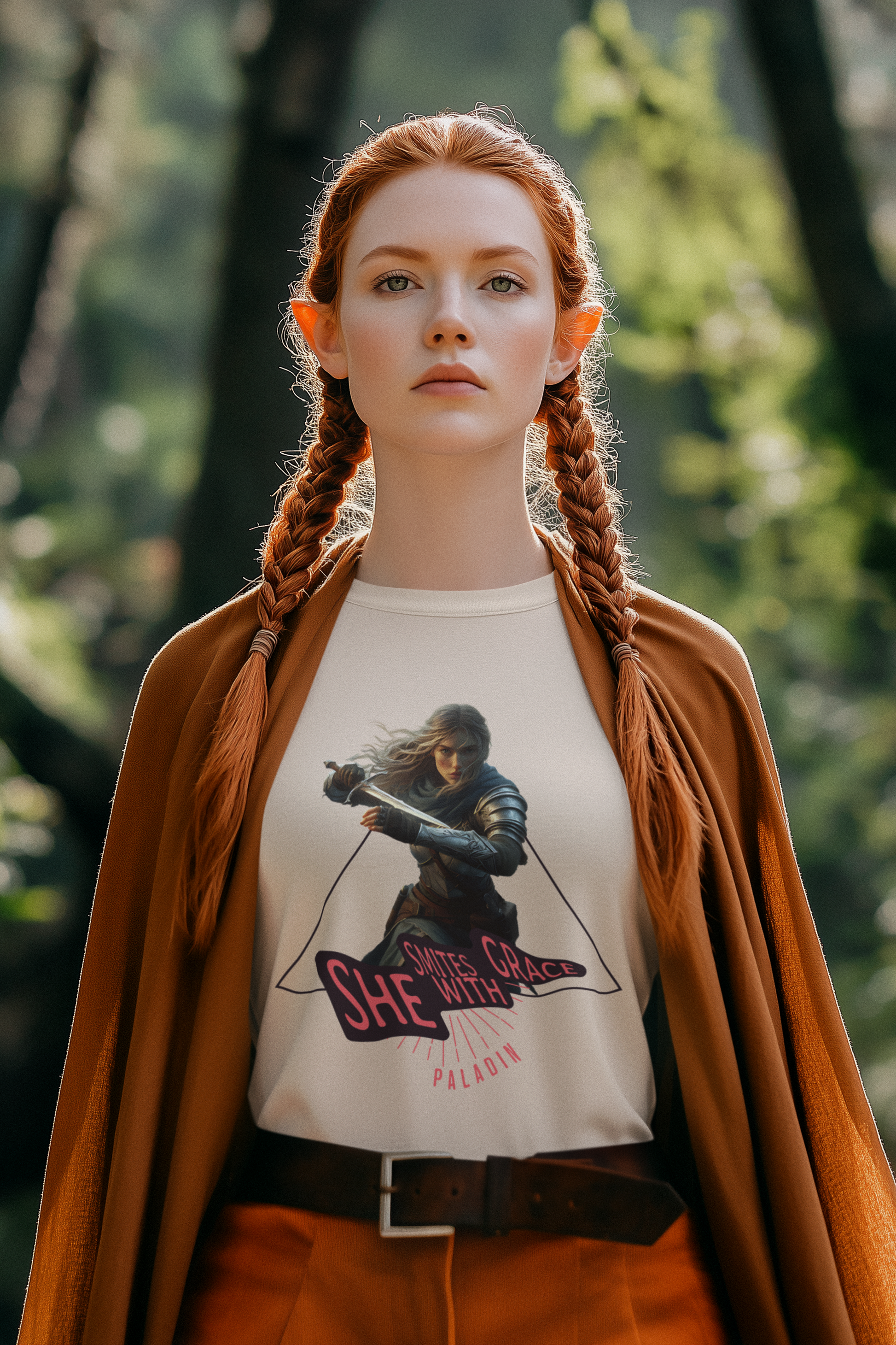 Person-wearing-a-t-shirt-with-a-graphic-design-of-a-female-paladin-and-it-says-she-smites-with-grace- color-soft-cream