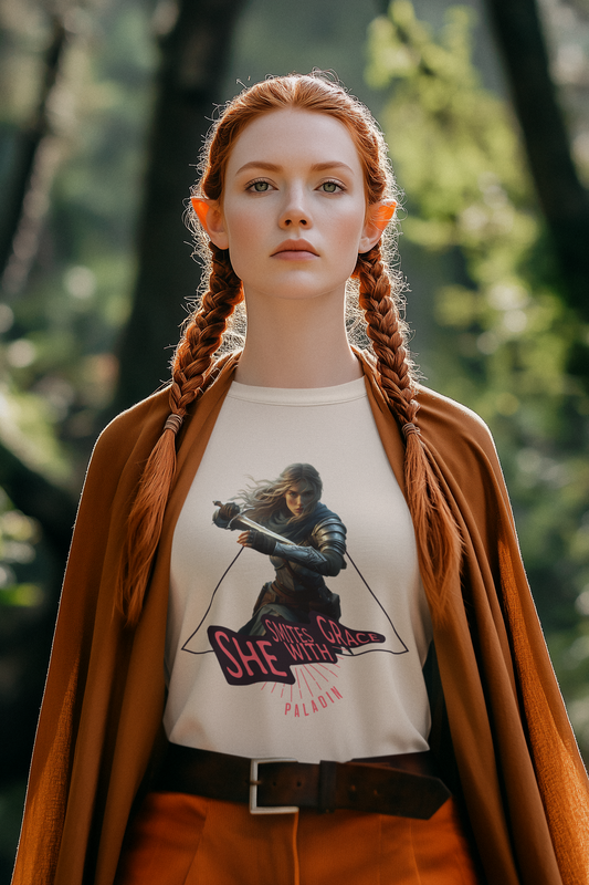 Person-wearing-a-t-shirt-with-a-graphic-design-of-a-female-paladin-and-it-says-she-smites-with-grace- color-soft-cream