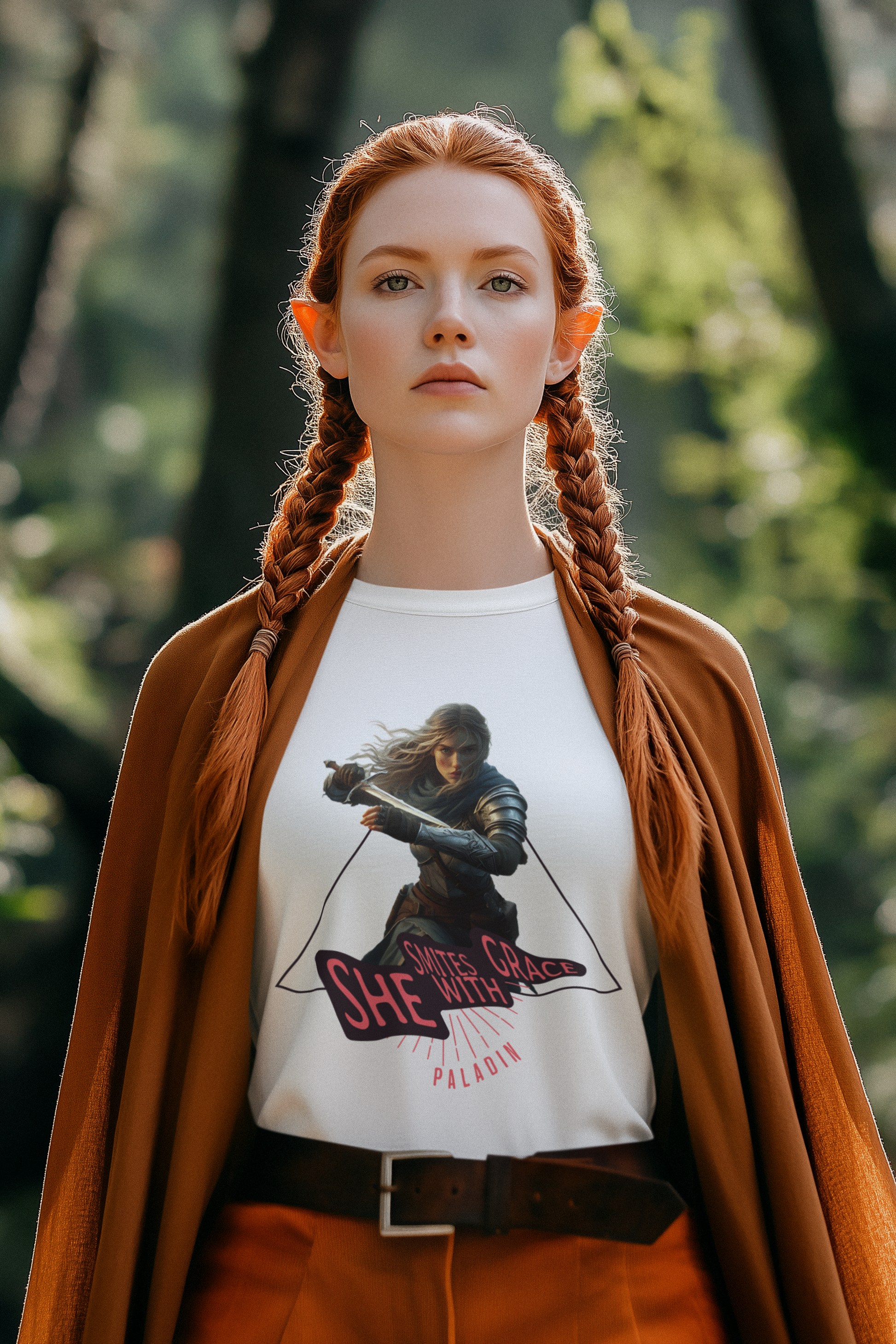 Person-wearing-a-t-shirt-with-a-graphic-design-of-a-female-paladin-and-it-says-she-smites-with-grace- color-white