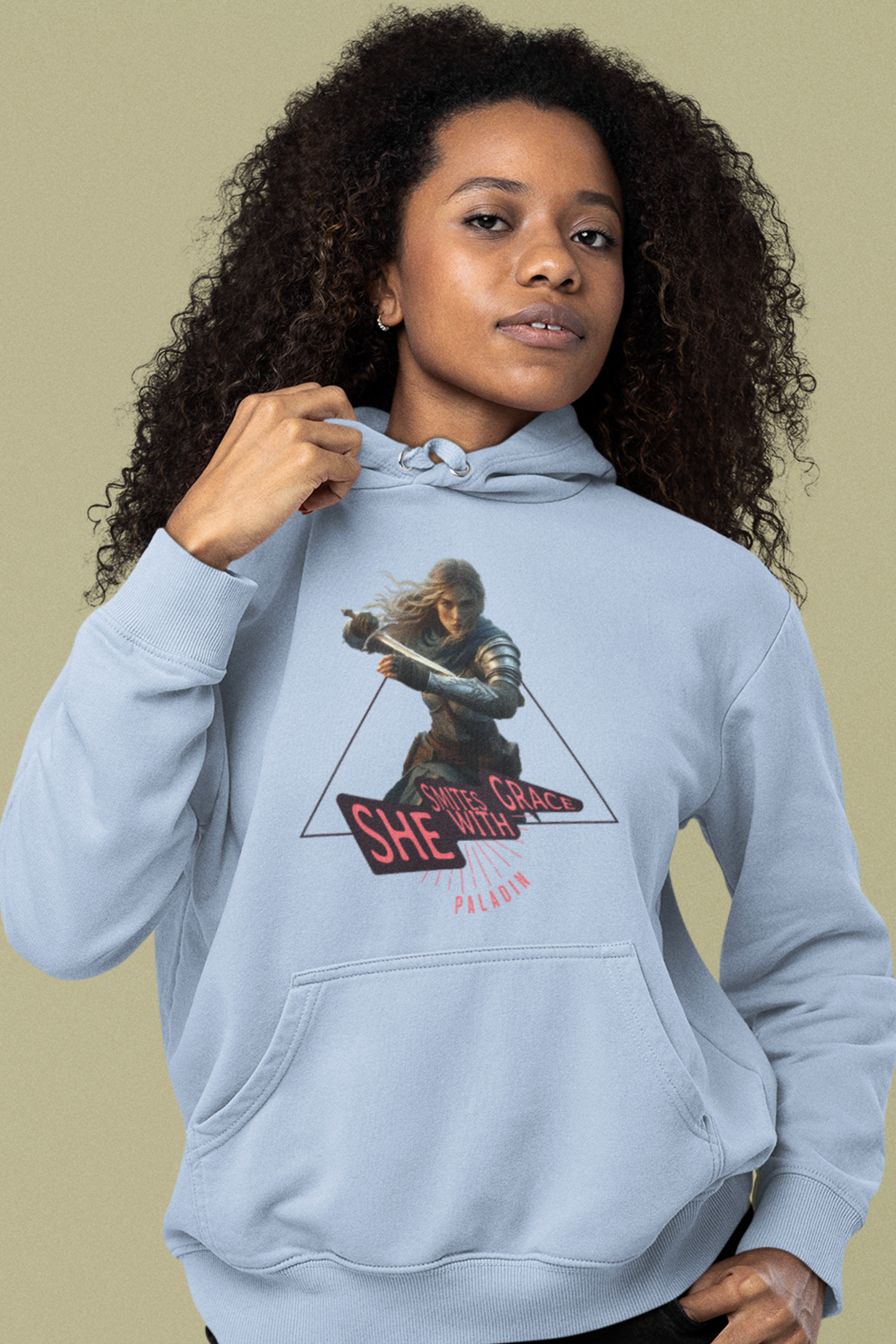 Person-wearing-a-white-hoodie-with female-paladin-warrior-graphic-design-color-blue