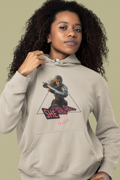 Person-wearing-a-white-hoodie-with female-paladin-warrior-graphic-design-color-sand