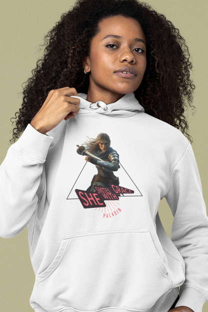 Person-wearing-a-white-hoodie-with female-paladin-warrior-graphic-design-color-white