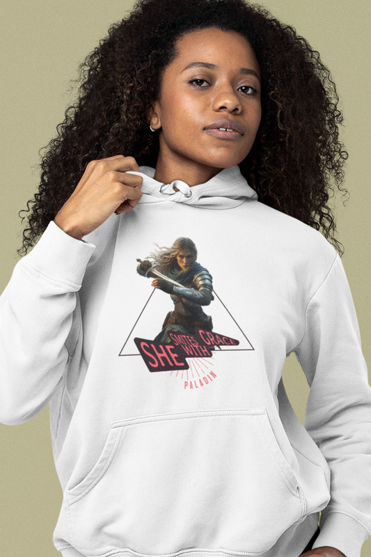 Person-wearing-a-white-hoodie-with female-paladin-warrior-graphic-design-color-white