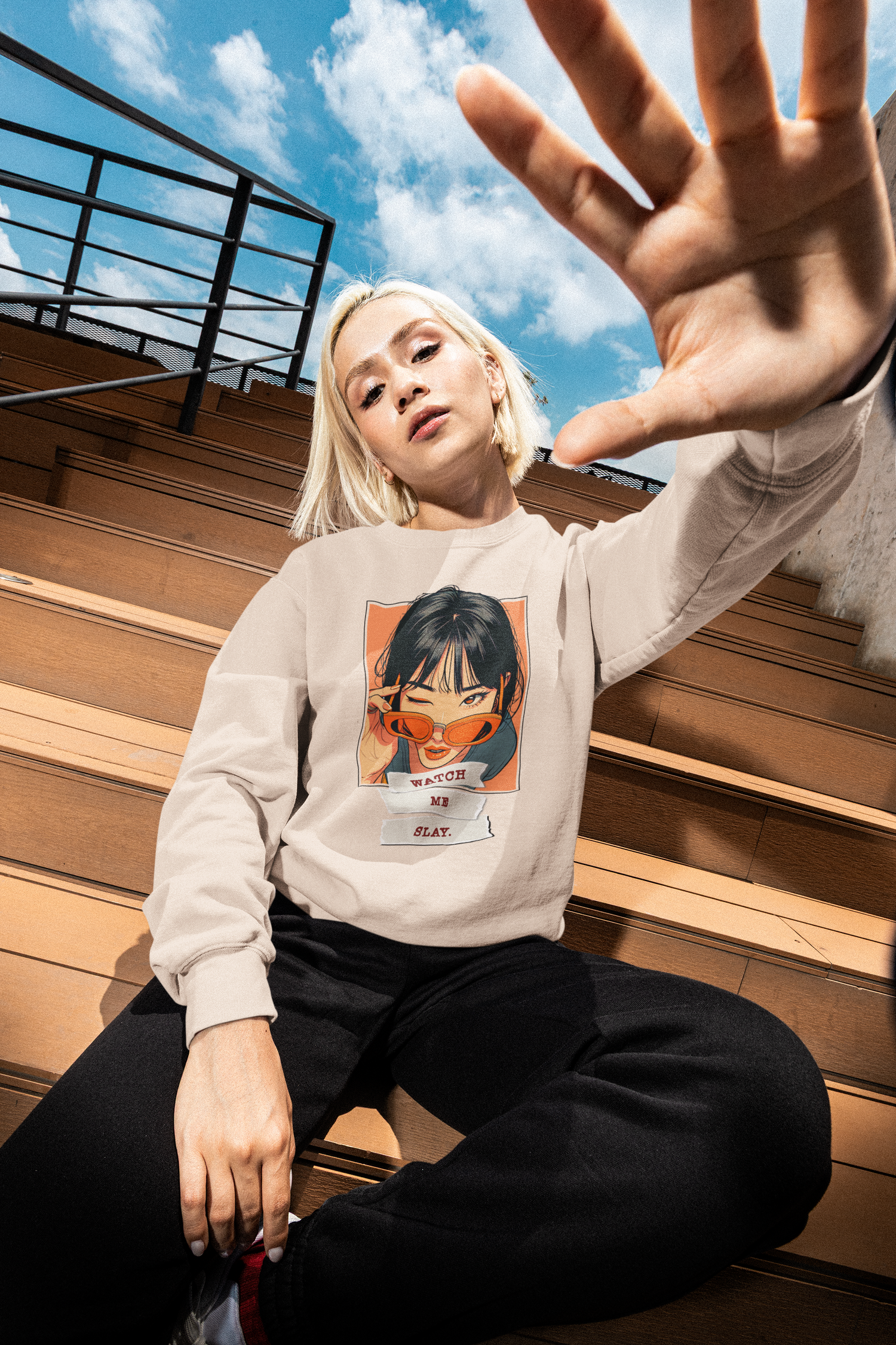 Person-wearing-a-sweatshirt-of-a-woman-winking-graphic-design