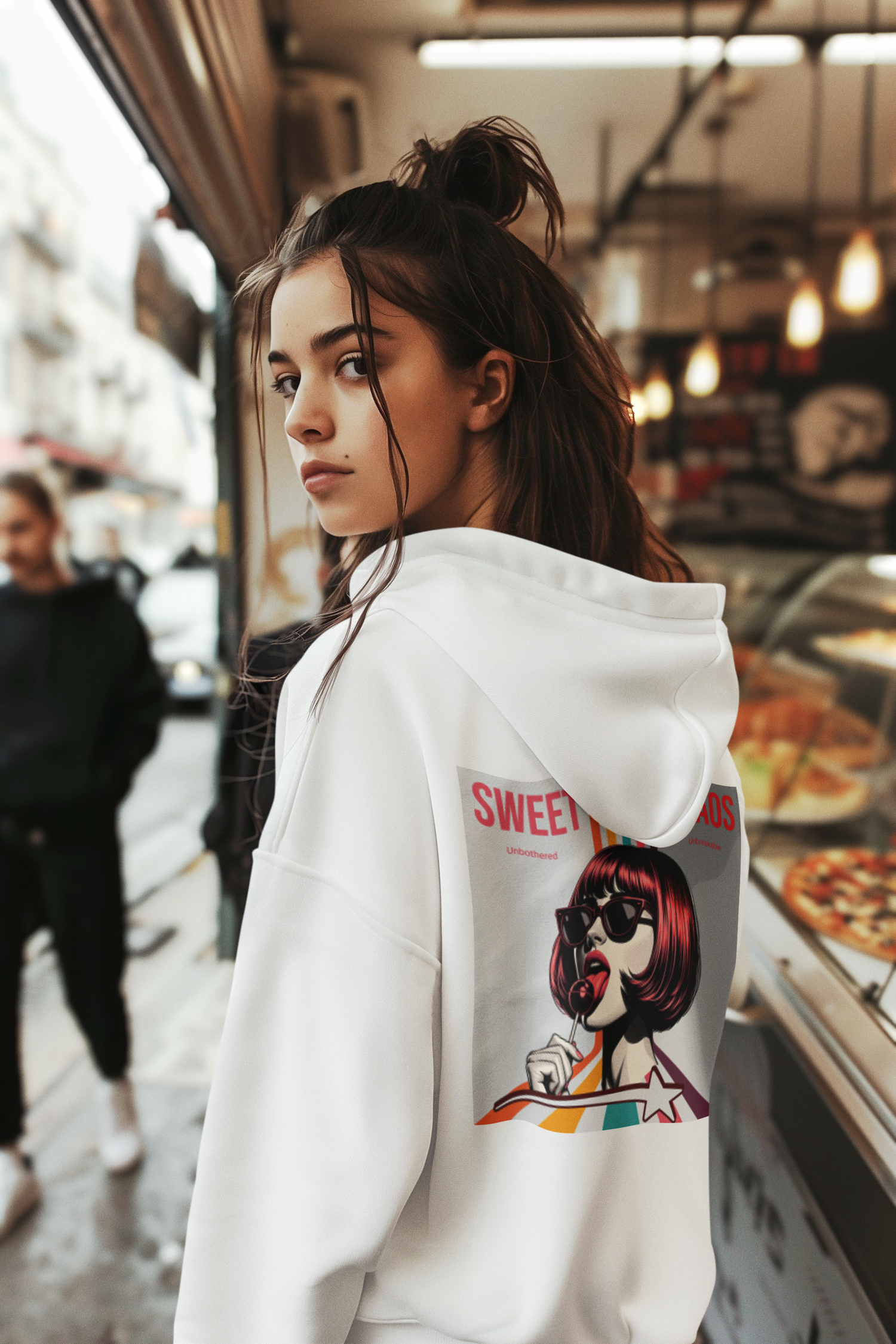 Woman-wearin- a-whit- hoodie-with-a-woman-with-sunglasses-licking-lollipop-graphic-design
